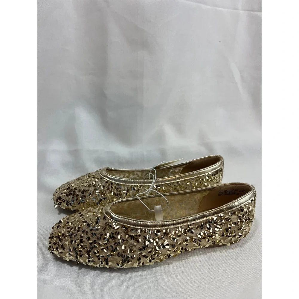 A‎ New Day Womens Gold Sequin Ballet Flats Memory Foam Slip On Shoes Size 8 NEW